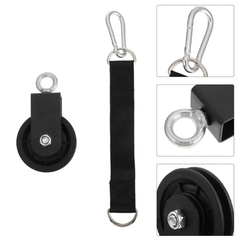 Pro Grade Gym Cable Pulley Attachment With Nylon Rope And Lifting Strap featuring black pulley with metal fasteners