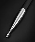 Close-up of the metal pommel of One Hand Medieval Sword Prop With High Carbon Steel Blade 41.25 Inch, Black Scabbard.