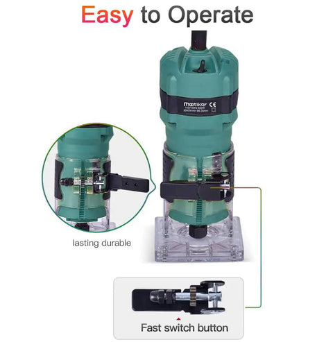 Compact Palm Router Tool For Woodworking, Handheld Trimmer And Joiner, 30,000 RPM, 800 Watt 110 Volt with easy operation features