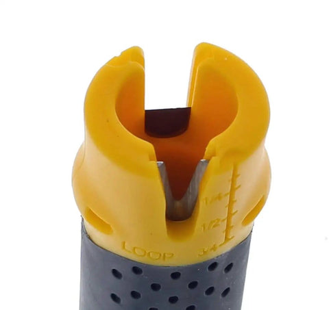 Close-up of Lil Ripper Wire Stripper with slitting blade, V-notch in yellow, ergonomic grip. Ideal for fast NM cable stripping.