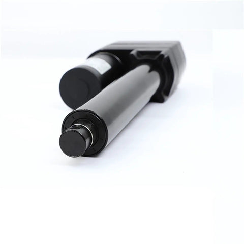 Ready To Roll Heavy Duty Electric Linear Actuator With Built In Brake One Hundred MM Four Inch Stroke Yields Seven Thousand Newtons Of Tough Thrust viewed from side with visible shaft and motor.
