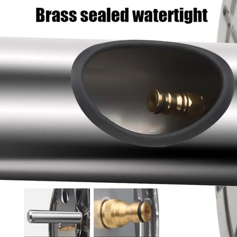 Close-up of brass sealed watertight connection in Heavy Duty Stainless Steel Garden Hose Reel With 10 Pattern Spray Nozzle.