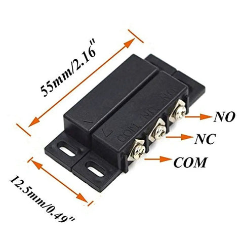 Four Pack Magnetic Reed Switch Kit for Door And Window Security Gear showing NC/NO/COM contacts, dimensions 55mm x 12.5mm.