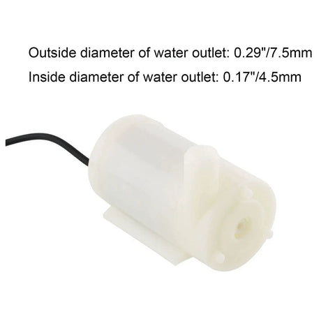 DC 3 To 5V Micro Submersible Mini Water Pump for Aquariums with white casing and outlet diameter details.