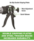 Close-up of B Line Manual Sausage Caulking Gun 20 Oz Heavy Duty Workhorse showing gripping plates and wear adjustment screw.