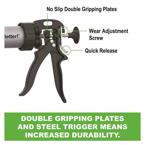 Close-up of B Line Manual Sausage Caulking Gun 20 Oz Heavy Duty Workhorse showing gripping plates and wear adjustment screw.