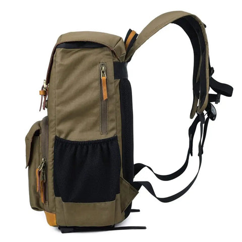 Side view Chic Canvas Camera Backpack For Outdoor Photography Large Capacity Photo Bag With Tripod Holder And Padded Anti Shock Interior