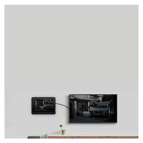 Smooth Operator 6MP Dual Lens Wireless IP Camera For Real Deal Surveillance No Fuss Install Easy Eight Channel NVR Hookup And Tough Weatherproof Construction displayed on a wall-mounted TV and monitor.