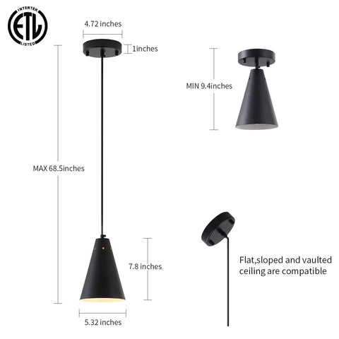 Diagram showing dimensions of Three Pack Black Pendant Lights For Kitchen Island And Bar Counter with adjustable cords.