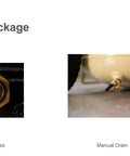 Oil sight glass and manual drain details for Heavy Hitter 5 Horsepower Two Stage Air Compressor Packing 60 Gallon Vertical Tank.