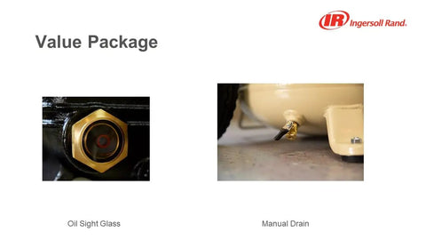 Oil sight glass and manual drain details for Heavy Hitter 5 Horsepower Two Stage Air Compressor Packing 60 Gallon Vertical Tank.