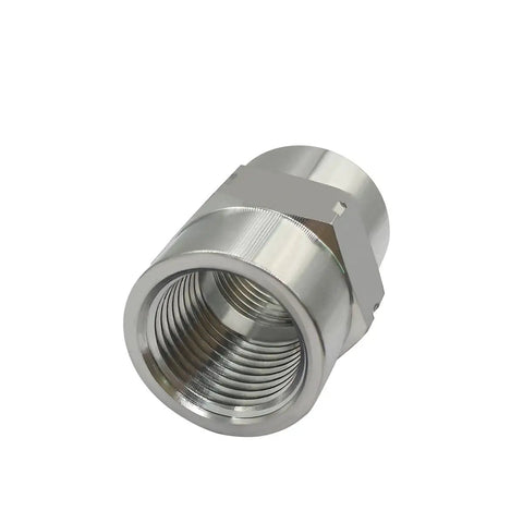 Close-up of a Stainless Steel Hex NPT Female To NPT Female Coupler Adapter One Eighth Inch Pipe Fitting For Air Water Gas Oil Pack Of Two