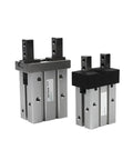 High Performance Pneumatic Finger Mask Cylinder MHZ2 Series Parallel Clamp Manipulator with two sizes in silver and black.