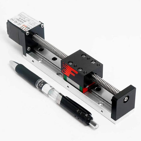 Mini Linear Rail Motion Table With Nema 14 Stepper Motor For CNC Projects, shown with pen for scale, 100mm stroke, 0.02mm repeatability