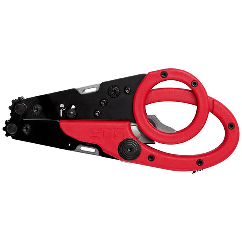 ParaShears Lightweight Backcountry Stainless Steel Pro-Grade Multi-Tool with red handles, compact design for emergency use.