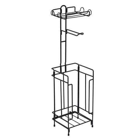 Two Pack Free Standing Toilet Paper Holder Rack With Black Metal Dispenser Shelf Holds Four Rolls Bathroom Organizer Stand For Easy Access In Any Restroom Durable Storage Game Changing Home Convenience with storage for four rolls.