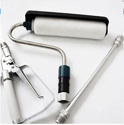 Pro Grade Paint Roller Kit With 100Cm Extendable Pole And Airless Sprayer Adapter showing roller, frame, and sprayer hose.