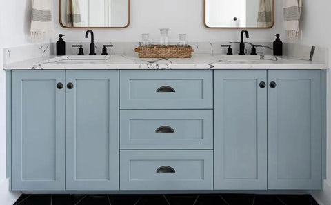 Light blue cabinet with 10 Pack Matte Black Cabinet Drawer Pulls 3.3 Inch Length Zinc Alloy Cup Pulls For Kitchen Hardware installed