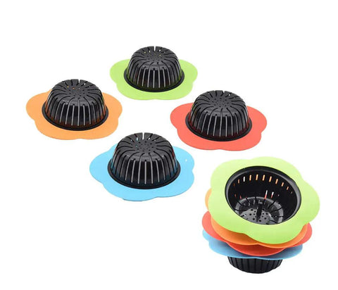 Go-To Kitchen Sink Strainer 4 Pack Silicone Drain Filters With Wide Rim 4.5 Inch Diameter, Multi Color set displayed in a stack