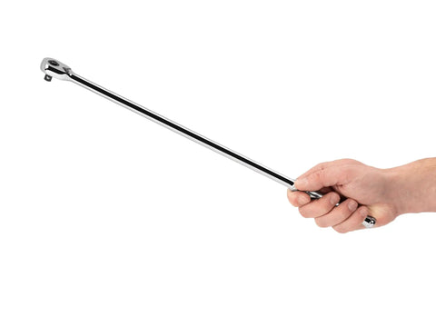 Hand holding Three Eighths Inch Drive 18 Inch Quick Release Ratchet With 90 Tooth Gear Ultra Compact Head And Four Degree Swing
