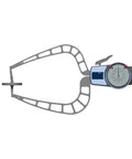 Knockout Precision Digital Inside Outside Caliper Gauge With Slick Jaws For Dead Accurate Foam And Metal Thickness Measurements In Any Professional Machine Shop Setup, silver measuring tool shown from the side.