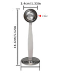 Front view of Two In One Coffee Scoop And Measuring Spoon 304 Stainless Steel with pressed bottom, 15 ml size, with dimensions shown.