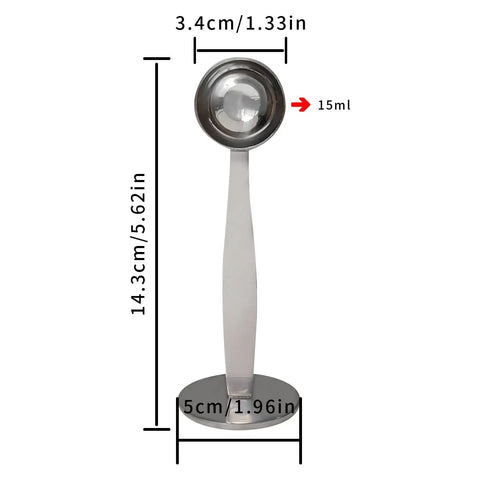 Front view of Two In One Coffee Scoop And Measuring Spoon 304 Stainless Steel with pressed bottom, 15 ml size, with dimensions shown.