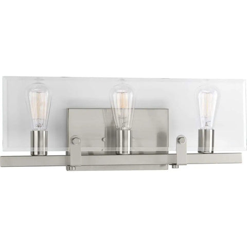 Glayse Collection 3-Light Clear Glass Luxe Bath Vanity Light in Brushed Nickel displayed against a white background