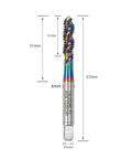 DLC Coated M35 HSS Spiral Flute Taps Set showing measurements for 1/4-20 UNC, 3 flutes, high speed steel for blind holes, pro grade kit.