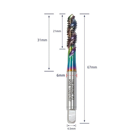 DLC Coated M35 HSS Spiral Flute Taps Set showing measurements for 1/4-20 UNC, 3 flutes, high speed steel for blind holes, pro grade kit.