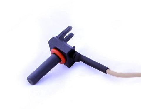 Optimum Pool temperature sensor replacement; black housing with red O-ring and beige cable.