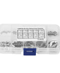 120Pcs 10 Size 304 Stainless Steel E Clip Assortment Kit With External Retaining Snap Rings Circlips For 1.5 To 10 Mm In Durable Plastic Storage Box Pro Grade Shop Must Have, clear view of organized clips in plastic box.