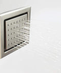 Top Shelf Led Thermostatic Shower System With 16 Inch Ceiling Rainfall And Handheld Sprayer Featuring Six Massage Body Jets In Slick Brushed Nickel Finish For Your Modern Bathroom, close-up view of massage body jets in action.