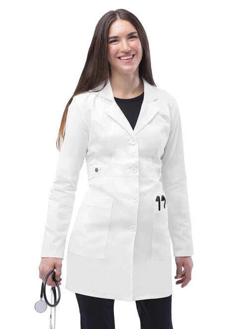 Universal Stretch Lab Coat For Women 36 Inch Tab Waist Medical Lab Coat 3304 White Medium with pockets, worn by smiling woman