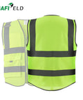 Front and back view of neon yellow 6 Pack High Visibility Reflective Work Vests For Men And Women, 8 Pockets With Zipper, ANSI ISEA Certified Safety Gear