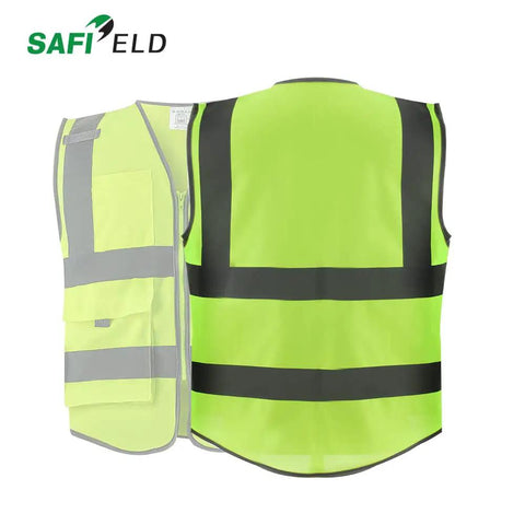 Front and back view of neon yellow 6 Pack High Visibility Reflective Work Vests For Men And Women, 8 Pockets With Zipper, ANSI ISEA Certified Safety Gear