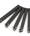 Heavy Duty 5 Pack Quarter Inch Indexable Carbide Insert Set With Hex Wrench And Screws For Metal Lathe Turning Facing Boring Chamfering Threading. Five carbide inserts with triangle tips and hex screw.