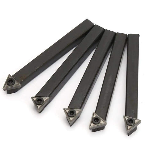 Heavy Duty 5 Pack Quarter Inch Indexable Carbide Insert Set With Hex Wrench And Screws For Metal Lathe Turning Facing Boring Chamfering Threading. Five carbide inserts with triangle tips and hex screw.