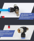 Push-to-connect pneumatic fittings showing high withstand voltage and 360-degree rotation for 4mm tubing with M5 connection.