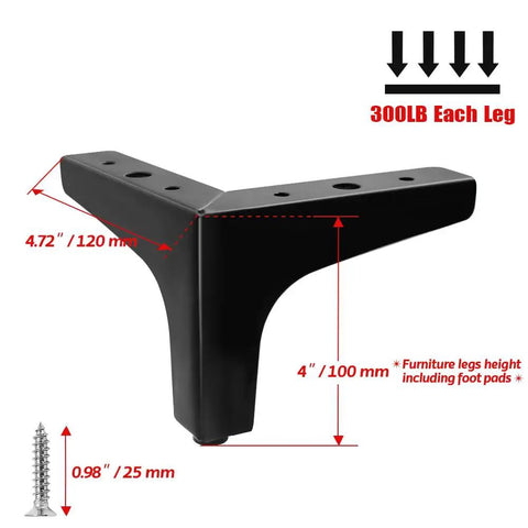 4 Inch Black Metal Furniture Feet Heavy Duty Nightstand Legs for Table Cupboard Sofa Couch Chair 4 Pack Anti Slip 300 Lbs Per Leg