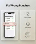 Straight Up Plug And Play Biometric Fingerprint Time Clock showing app fixing attendance record with options to mark and save.