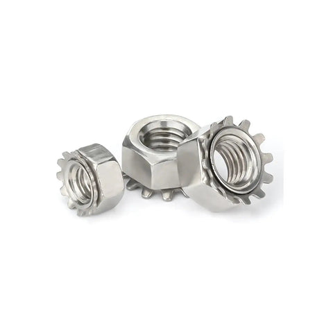 Top Grade 304 Stainless Steel Metric K-Type Serrated Hex Lock Nuts With External Toothed Polydentate Design For Industrial Fastening Needs And DIY Projects From M3 To M10 Sizes Available In Bulk Packs, showing assorted sizes.