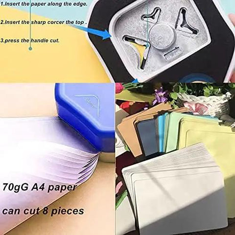 Corner Rounder Punch 3 In 1 R4mm R7mm R10mm for scrapbooking tools and examples of rounded paper corners on a table.