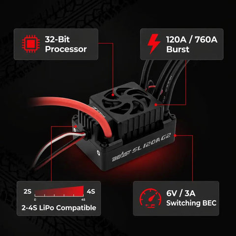 120A Sensorless Brushless ESC Beast For One-Tenth Scale RC Cars And Trucks, 2S-4S LiPo Ready With 6V 3A SBEC, Smooth Throttle