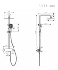 Detailed diagram of Wall Mount Shower Systems with Rain Shower Handheld and Tub Spout Chrome, showcasing dimensions in mm.