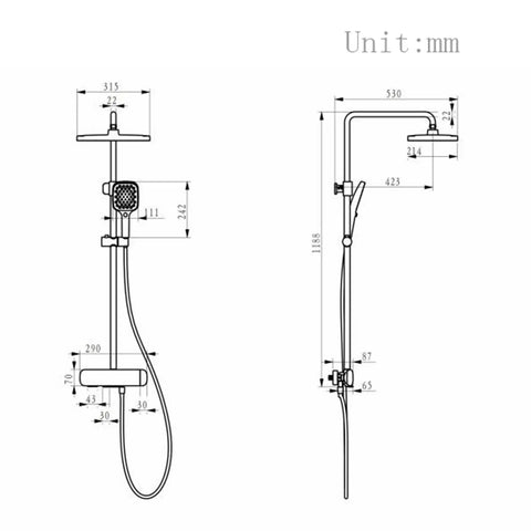 Detailed diagram of Wall Mount Shower Systems with Rain Shower Handheld and Tub Spout Chrome, showcasing dimensions in mm.