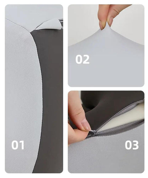 Close-up of ergonomic headrest pillow for office chairs with comfy memory foam neck support cushion and removable cover cervical support.