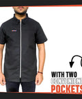 Slick Half Sleeve Barber Jacket Zip Front Men Salon Smock Lightweight Black Hairdresser Uniform Fly Stylist Gear Professional Barber Shop Hustle Ready Fit with two zippered pockets.