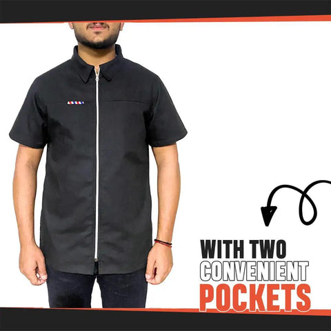Slick Half Sleeve Barber Jacket Zip Front Men Salon Smock Lightweight Black Hairdresser Uniform Fly Stylist Gear Professional Barber Shop Hustle Ready Fit with two zippered pockets.