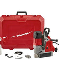 Heavy Duty Corded Magnetic Drill Bit Kit With Professional Grade Rock Solid Grip For One Five Eighth Inch Core Drilling and quick steel tackling on toughest job sites where zero downtime means big bucks with accessories in a red case.